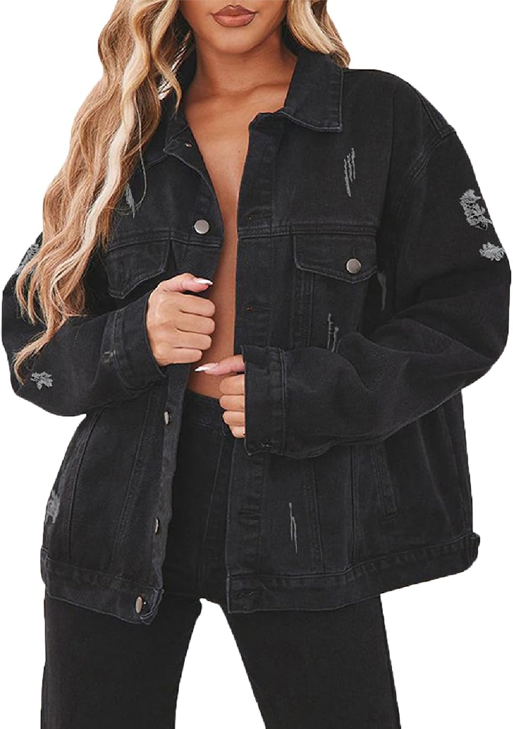 DvaeMalligo Women’s Oversized Denim Jacket Casual Long Sleeve Button Down Distressed Trucker Jean Jackets with Pockets