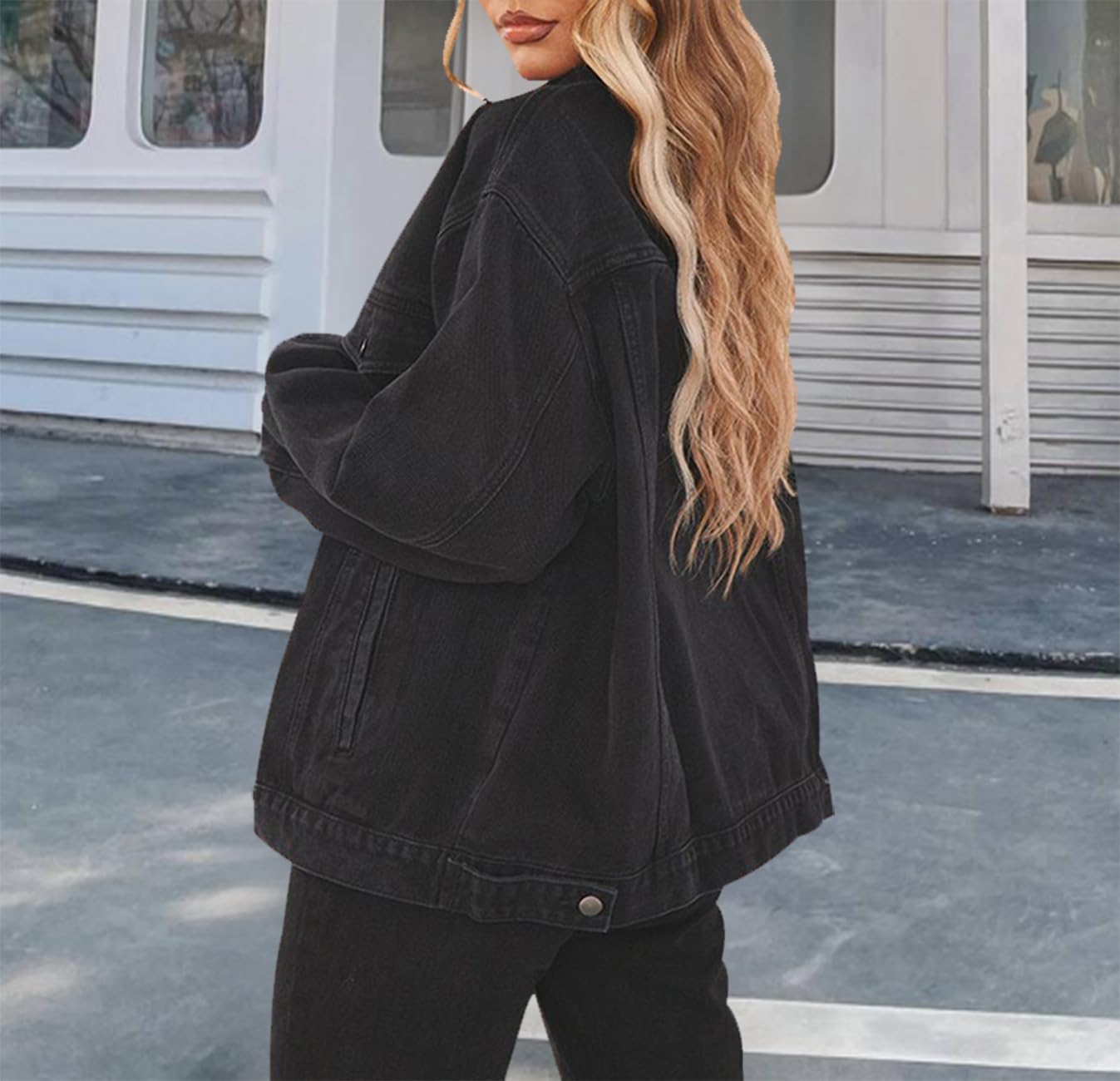 DvaeMalligo Women’s Oversized Denim Jacket Casual Long Sleeve Button Down Distressed Trucker Jean Jackets with Pockets