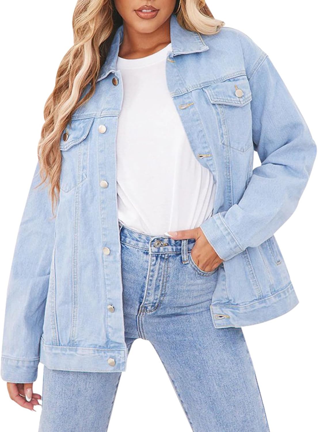 DvaeMalligo Women’s Oversized Denim Jacket Casual Long Sleeve Button Down Distressed Trucker Jean Jackets with Pockets
