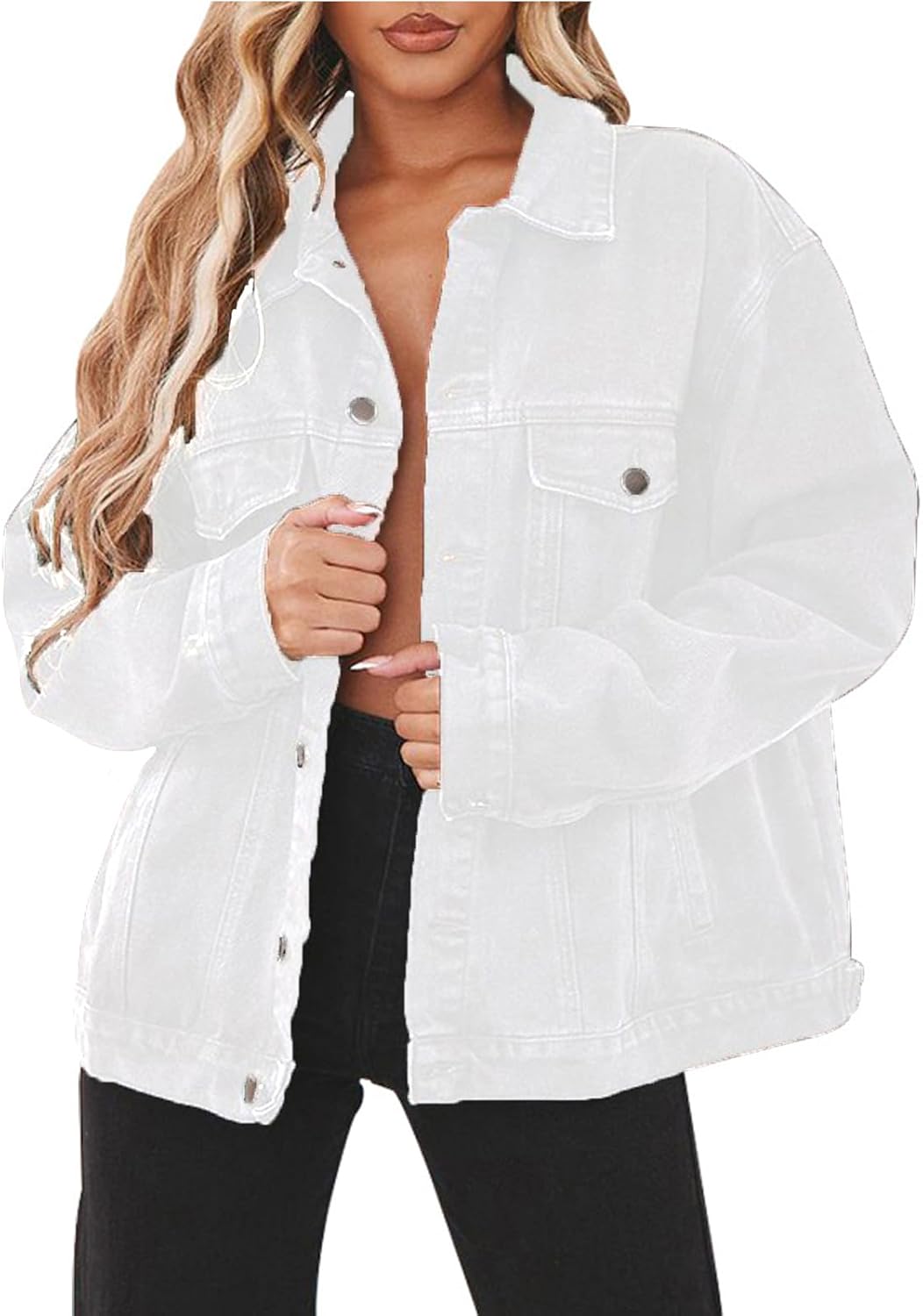 DvaeMalligo Women’s Oversized Denim Jacket Casual Long Sleeve Button Down Distressed Trucker Jean Jackets with Pockets