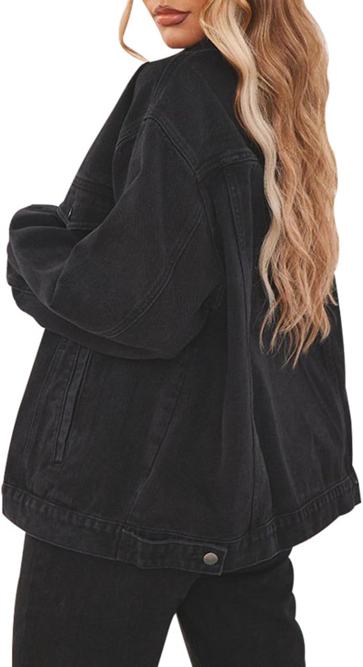 DvaeMalligo Women’s Oversized Denim Jacket Casual Long Sleeve Button Down Distressed Trucker Jean Jackets with Pockets