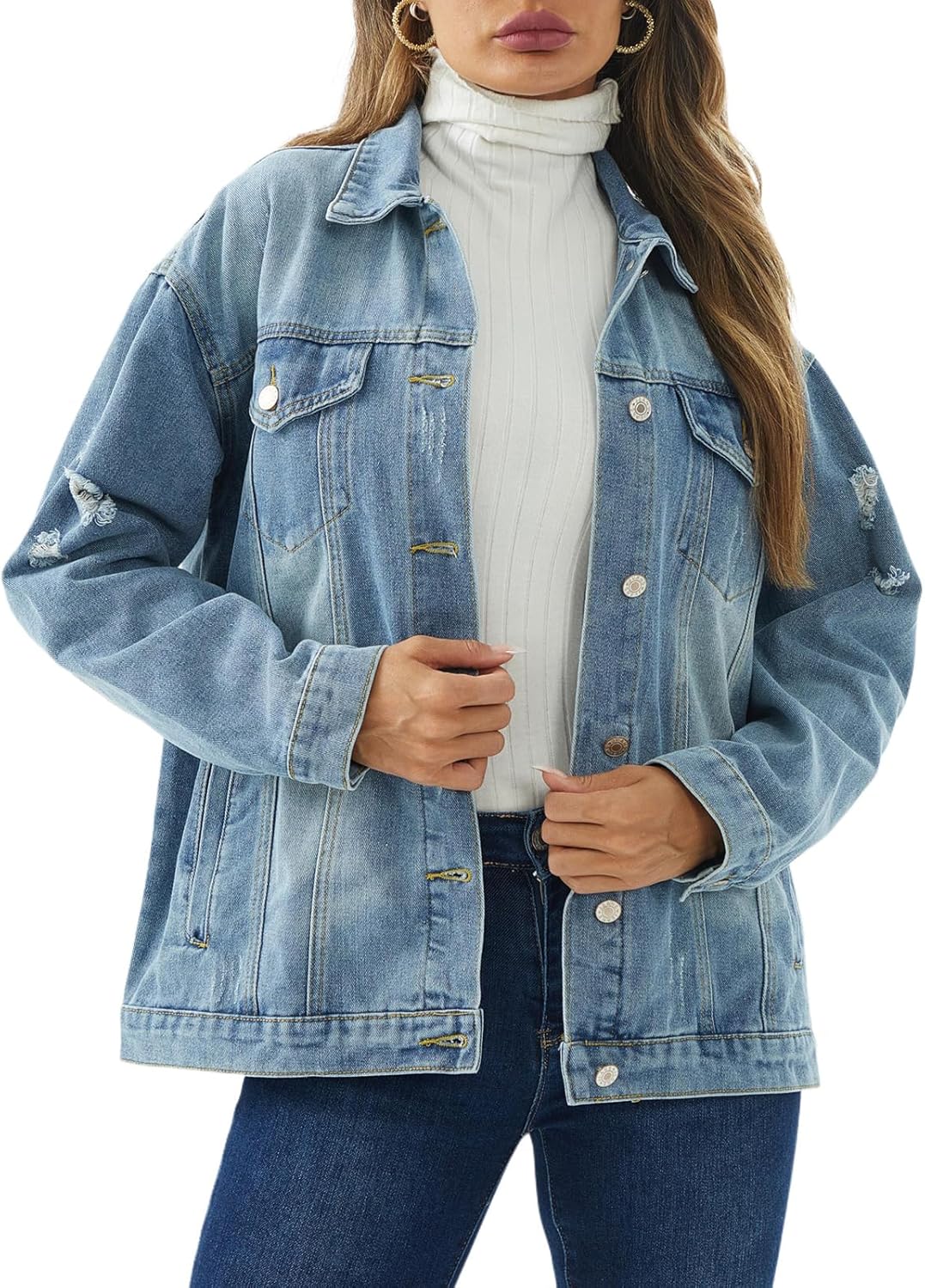 DvaeMalligo Women’s Oversized Denim Jacket Casual Long Sleeve Button Down Distressed Trucker Jean Jackets with Pockets