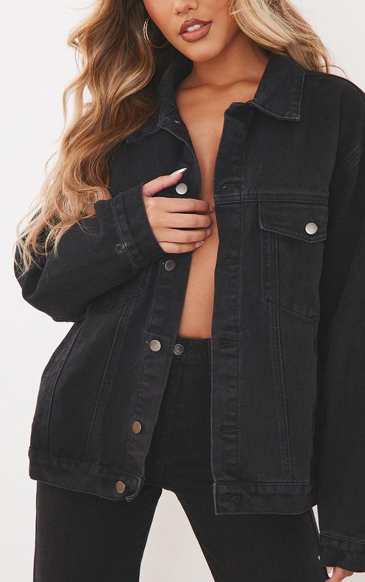 DvaeMalligo Women’s Oversized Denim Jacket Casual Long Sleeve Button Down Distressed Trucker Jean Jackets with Pockets