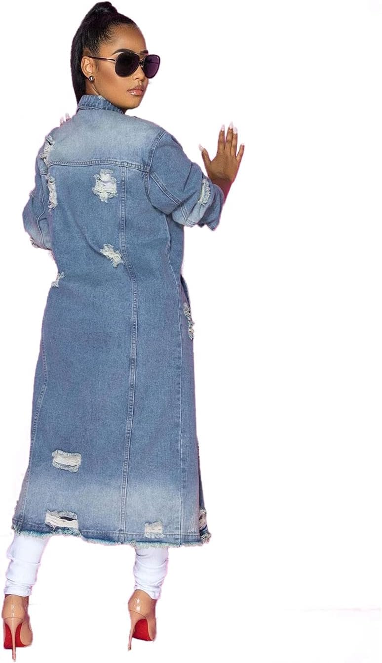ebossy Women’s Ripped Out Distressed Washed Long Blue Denim Jacket Trench Coat