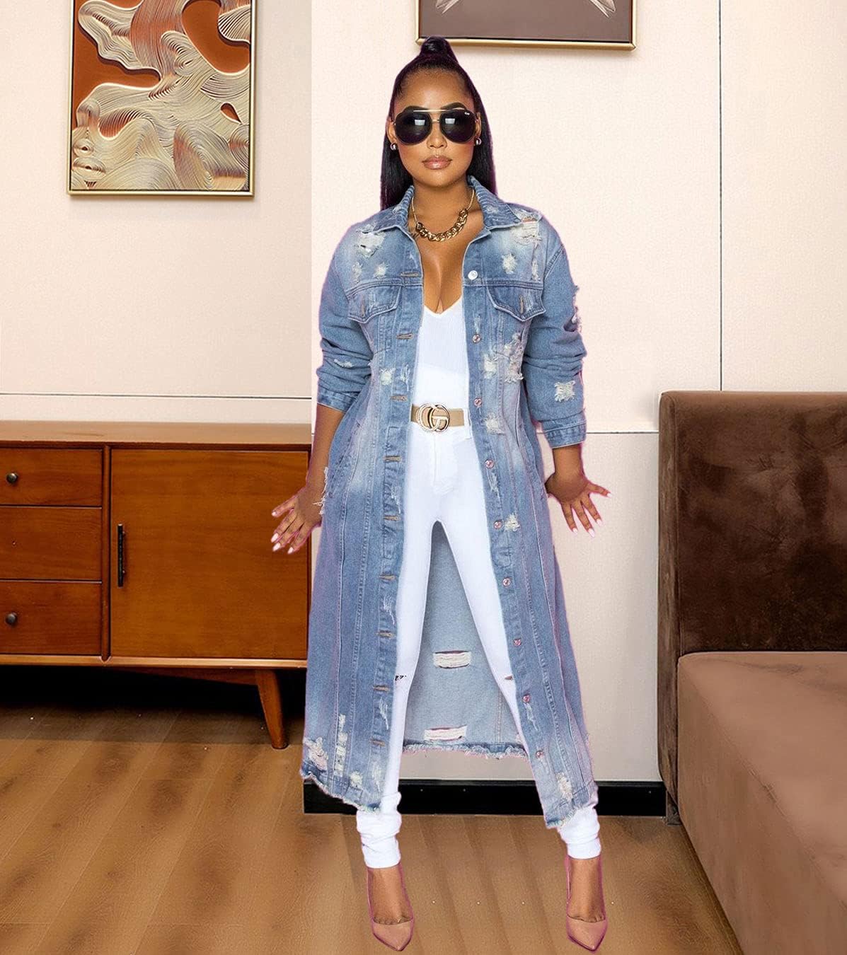 ebossy Women’s Ripped Out Distressed Washed Long Blue Denim Jacket Trench Coat