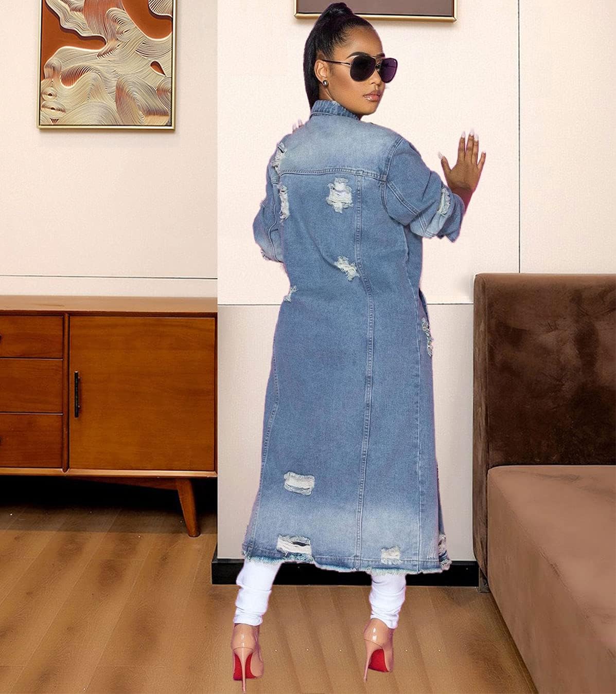 ebossy Women’s Ripped Out Distressed Washed Long Blue Denim Jacket Trench Coat