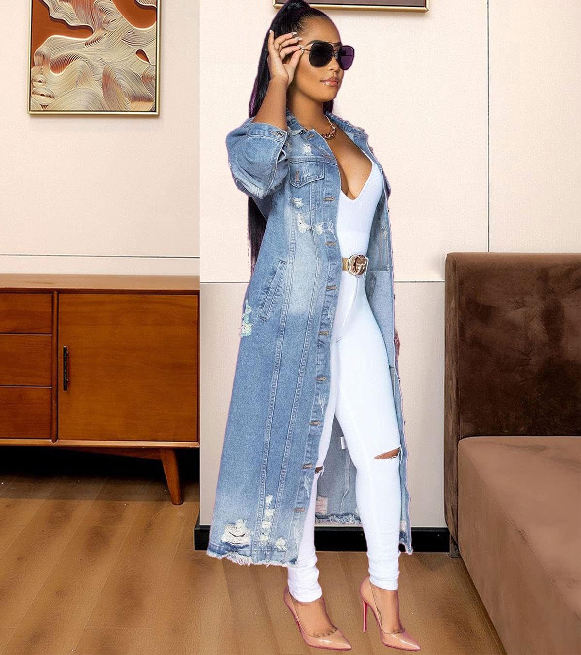 ebossy Women’s Ripped Out Distressed Washed Long Blue Denim Jacket Trench Coat