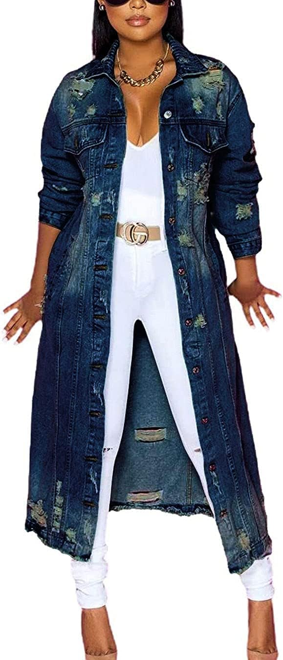 ebossy Women’s Ripped Out Distressed Washed Long Blue Denim Jacket Trench Coat