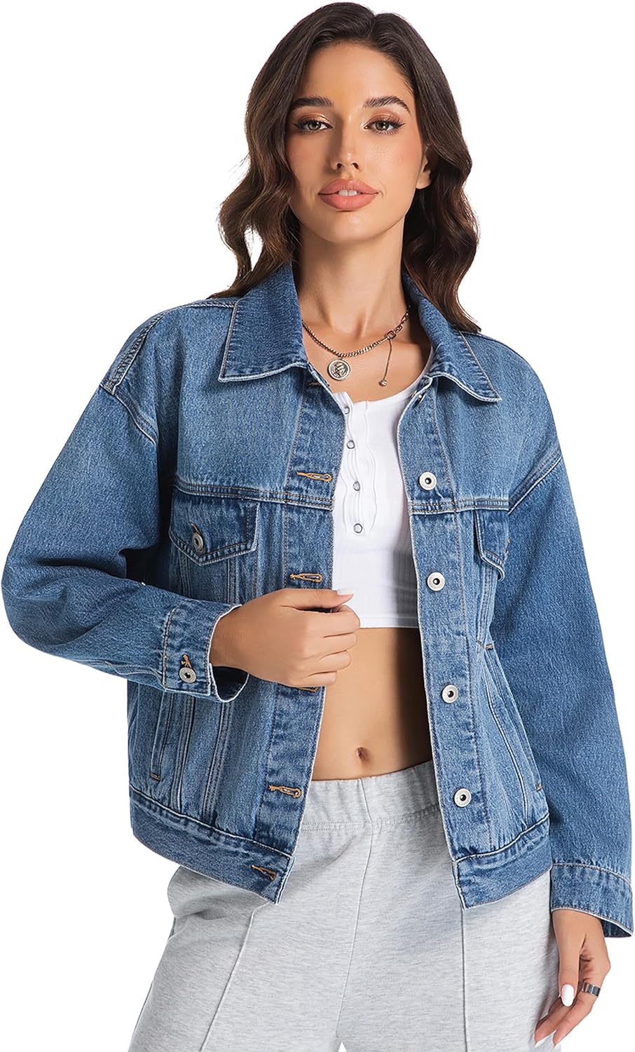 EG CHRIS G Women’s Denim Jacket Loose Relaxed Fit with Pocket Trucker Jean Jacket Coats