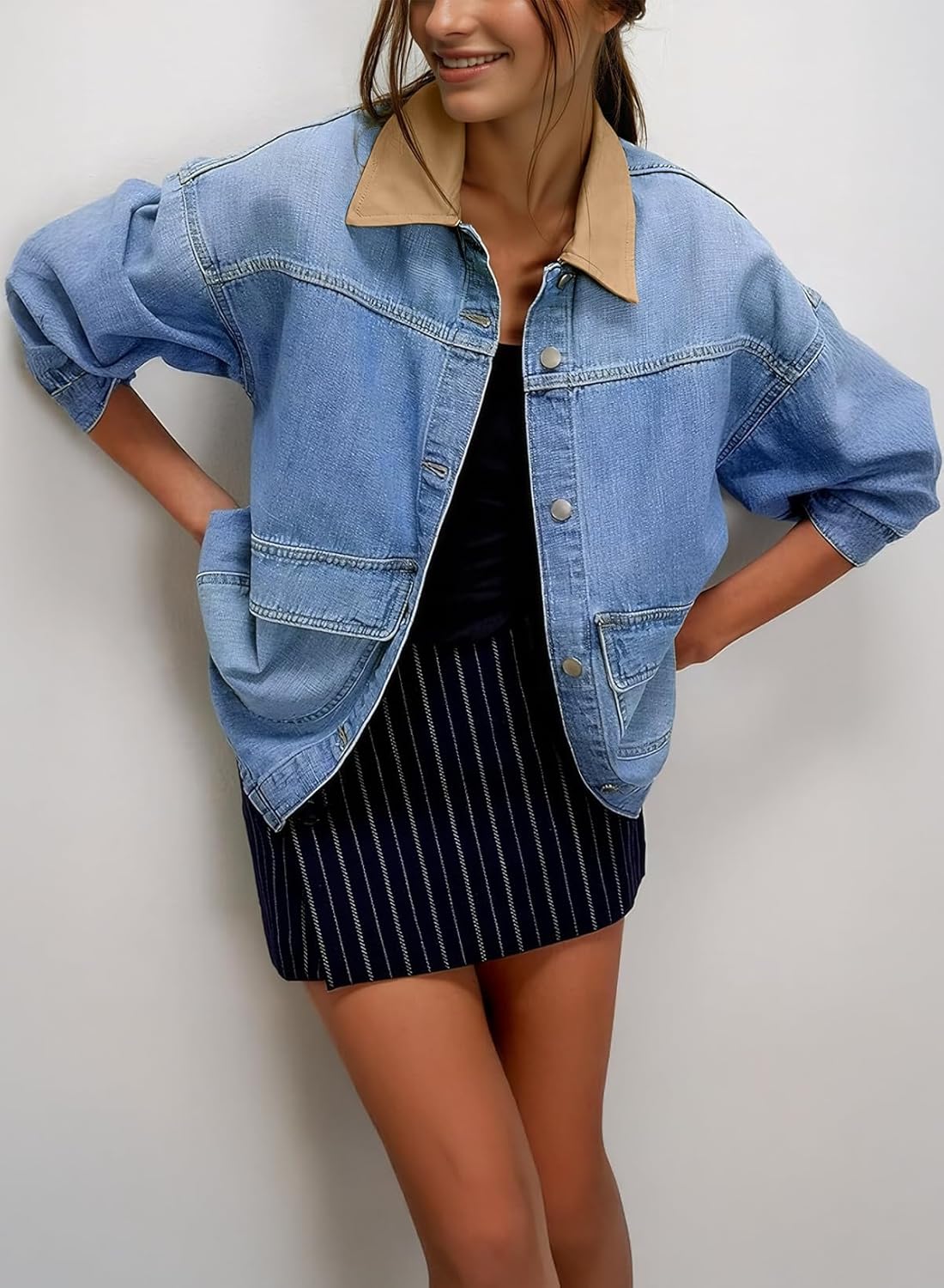 EVALESS Jean Jacket Women Trendy Color Block Denim Jacket Oversized Long Sleeve Button Down Barn Jackets Shacket Coat