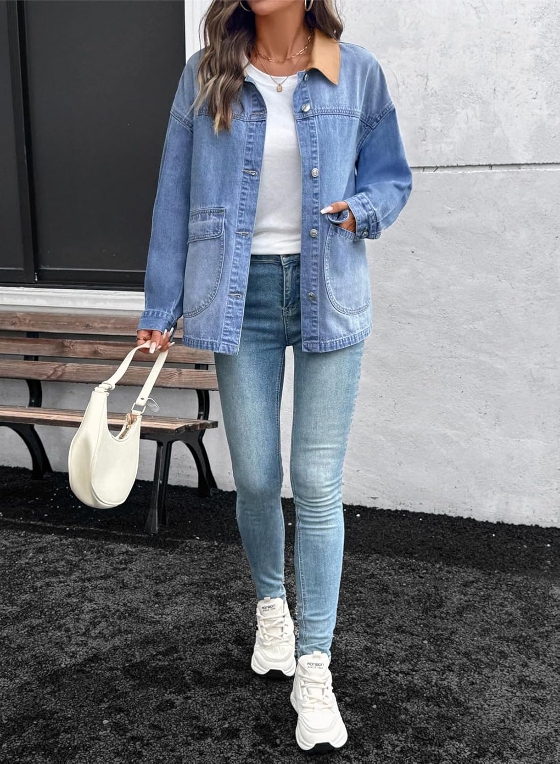 EVALESS Jean Jacket Women Trendy Color Block Denim Jacket Oversized Long Sleeve Button Down Barn Jackets Shacket Coat
