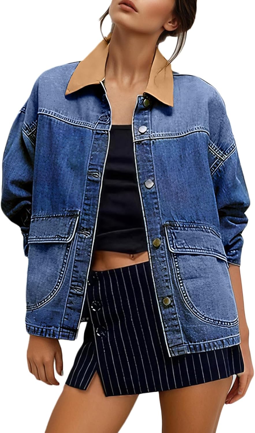 EVALESS Jean Jacket Women Trendy Color Block Denim Jacket Oversized Long Sleeve Button Down Barn Jackets Shacket Coat