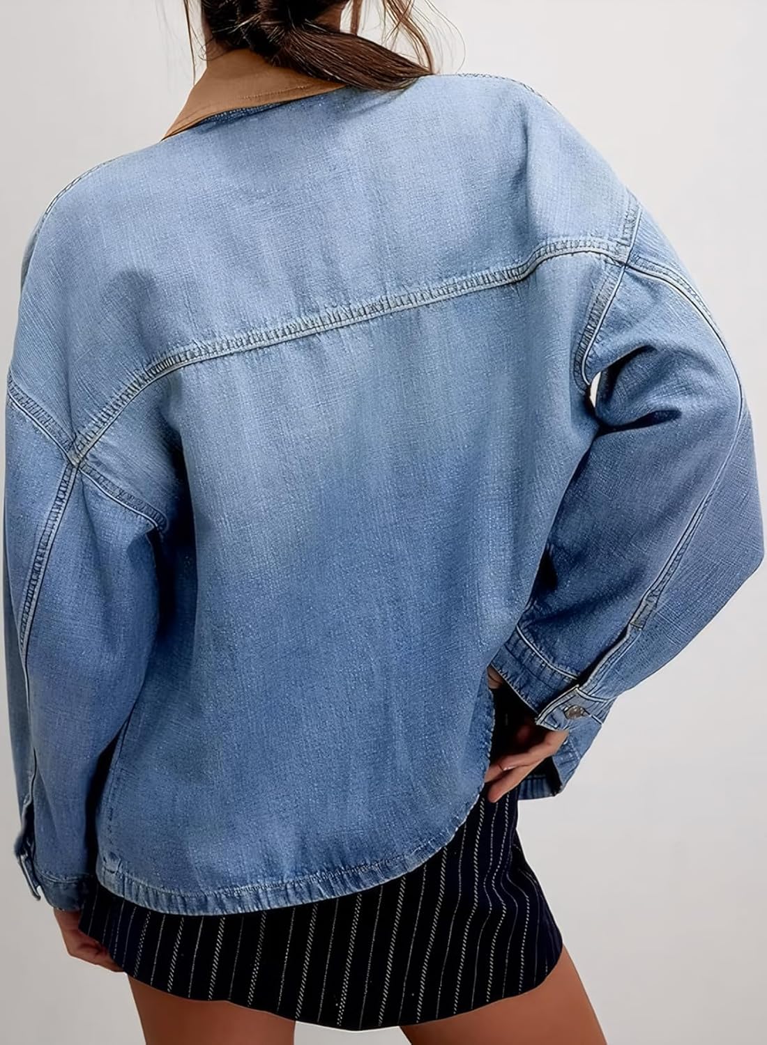 EVALESS Jean Jacket Women Trendy Color Block Denim Jacket Oversized Long Sleeve Button Down Barn Jackets Shacket Coat