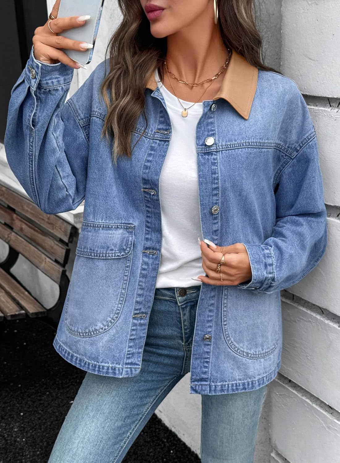 EVALESS Jean Jacket Women Trendy Color Block Denim Jacket Oversized Long Sleeve Button Down Barn Jackets Shacket Coat