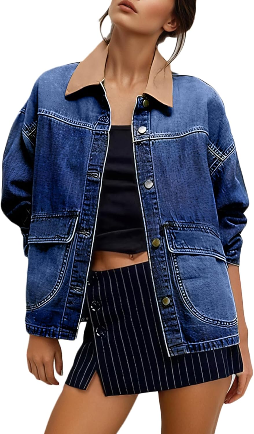 EVALESS Jean Jacket Women Trendy Color Block Denim Jacket Oversized Long Sleeve Button Down Barn Jackets Shacket Coat
