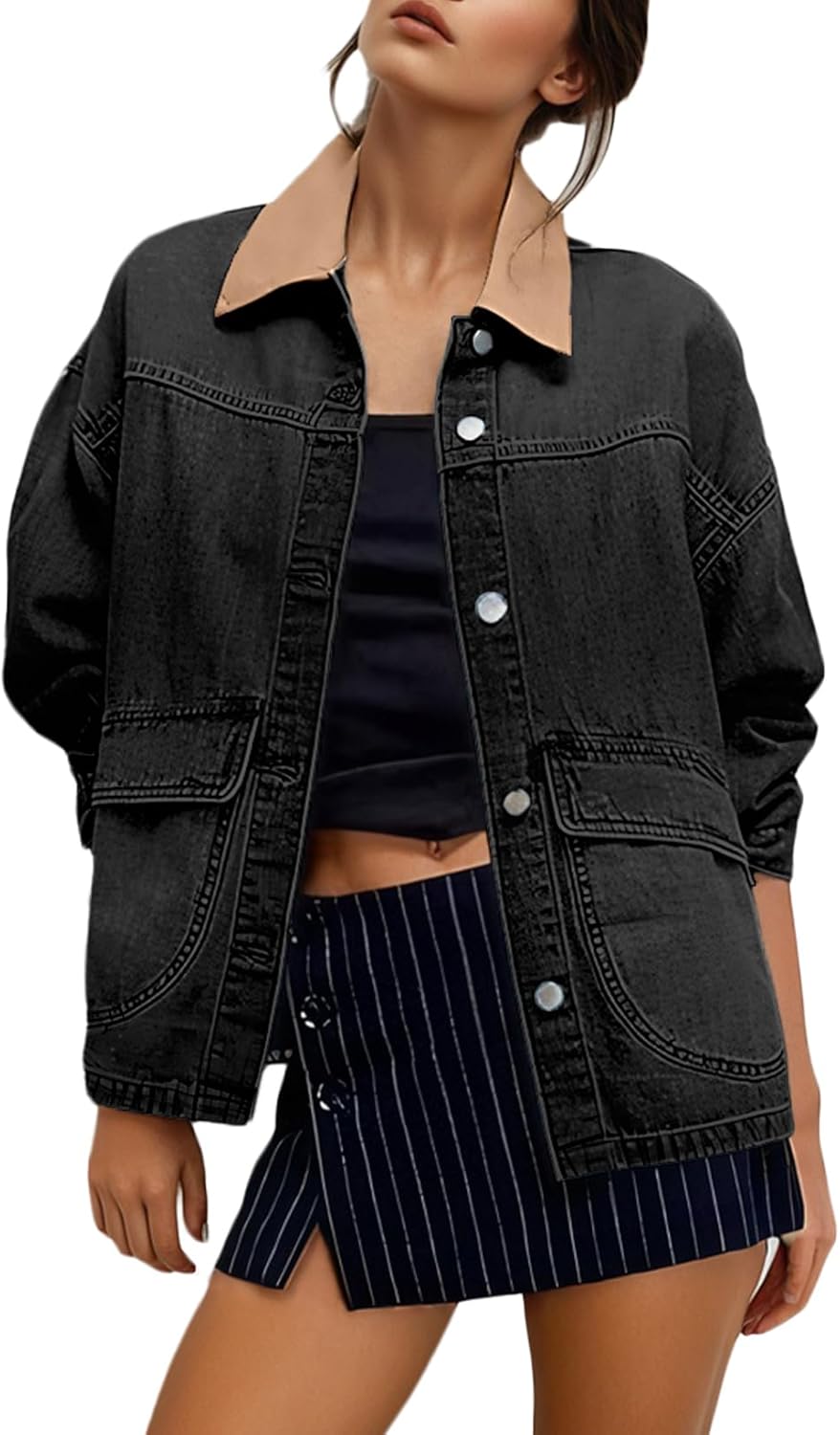 EVALESS Jean Jacket Women Trendy Color Block Denim Jacket Oversized Long Sleeve Button Down Barn Jackets Shacket Coat