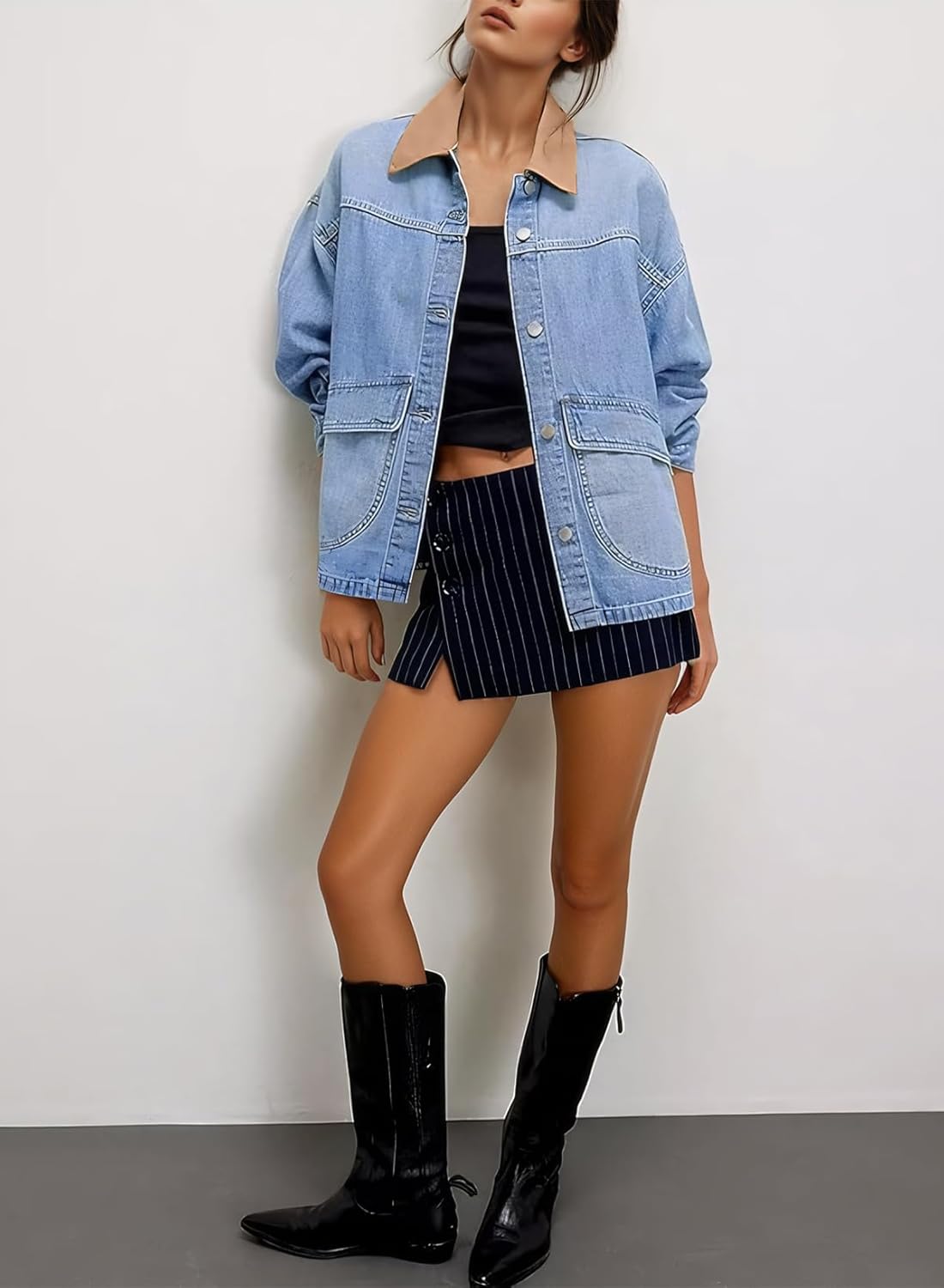 EVALESS Jean Jacket Women Trendy Color Block Denim Jacket Oversized Long Sleeve Button Down Barn Jackets Shacket Coat