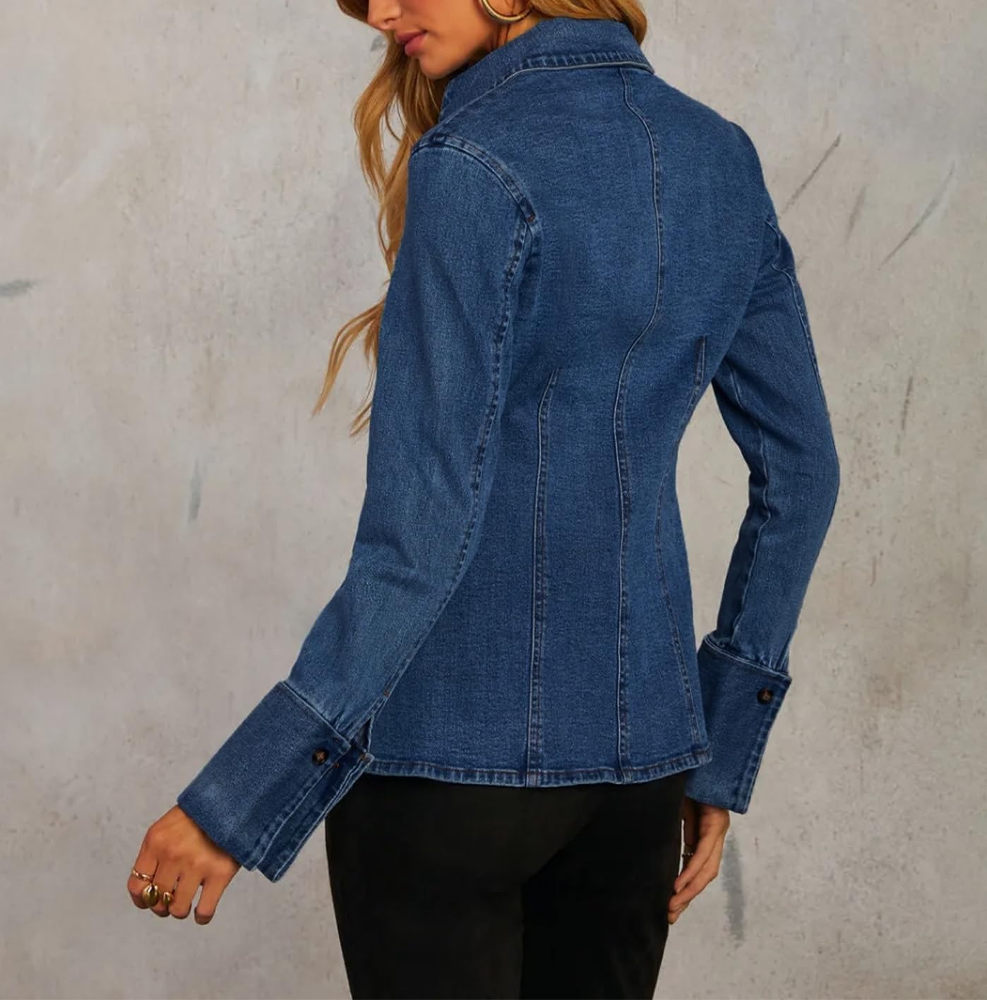 EZAPINE Denim Shirt Tops for Women Button Down Slim Fitted Long Sleeve V Neck Lightweight Jean Jackets