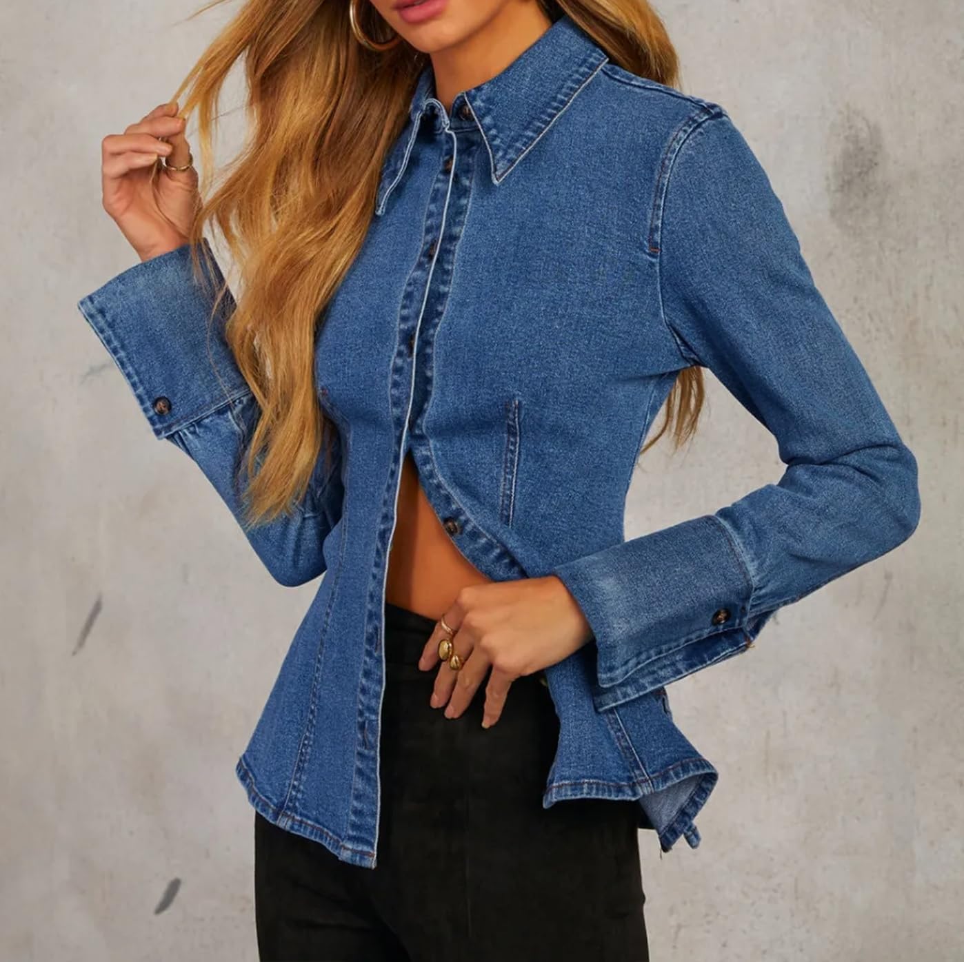 EZAPINE Denim Shirt Tops for Women Button Down Slim Fitted Long Sleeve V Neck Lightweight Jean Jackets
