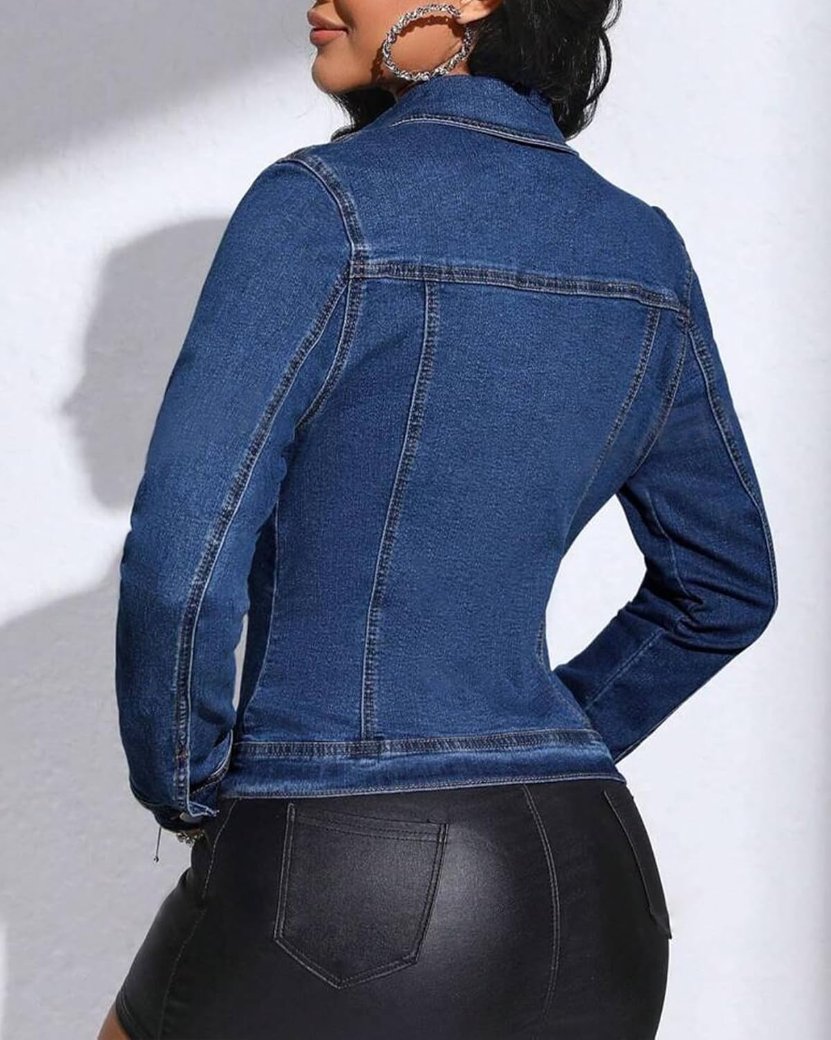 EZAPINE Women Cropped Denim Jacket Lapel Button Down Long Sleeve Slim Fitted Stretchy Short Jean Jacket with Pockets