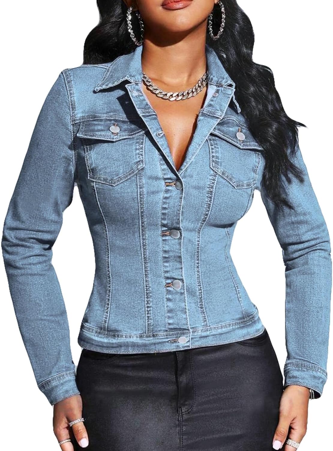 EZAPINE Women Cropped Denim Jacket Lapel Button Down Long Sleeve Slim Fitted Stretchy Short Jean Jacket with Pockets