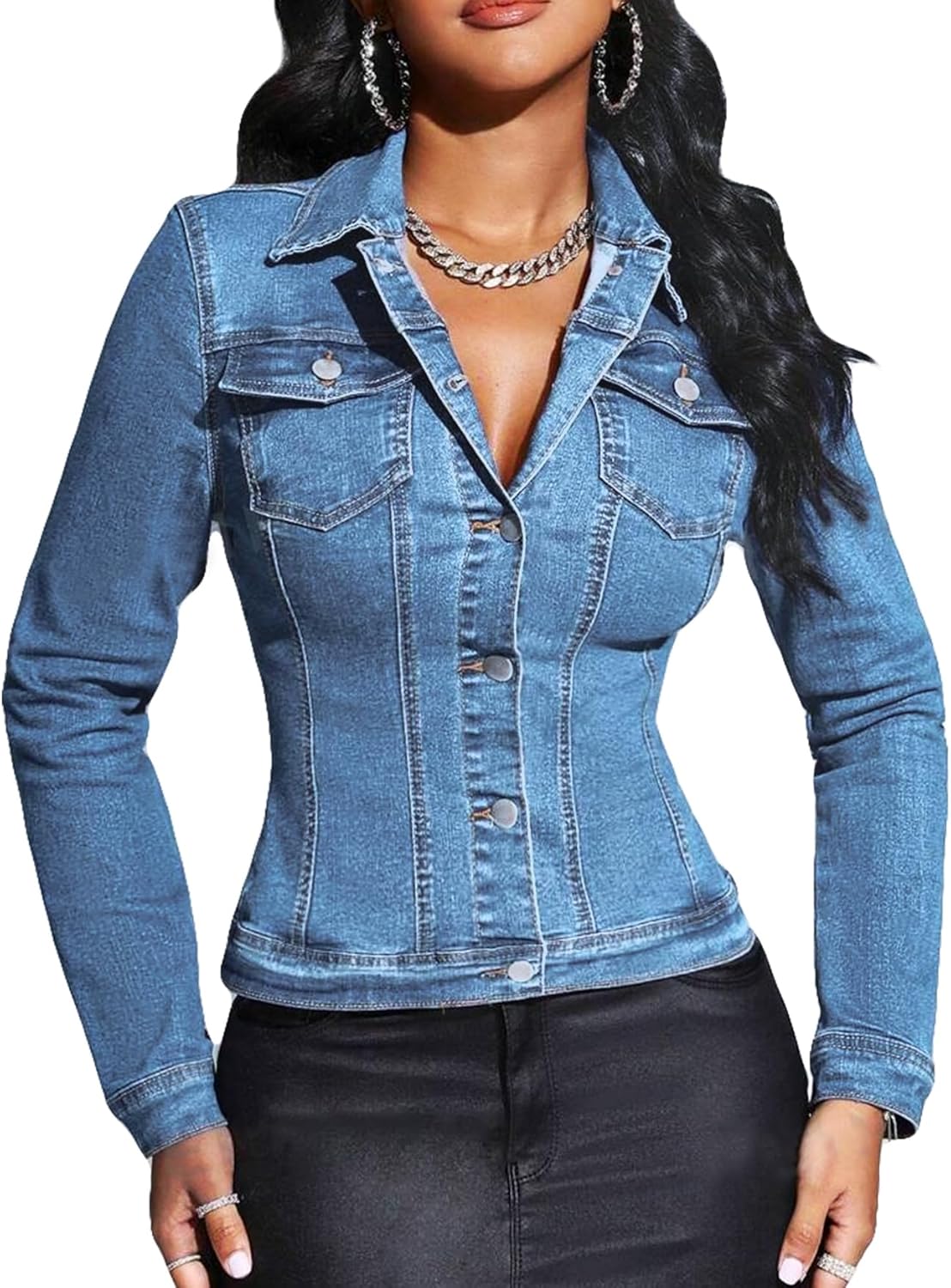 EZAPINE Women Cropped Denim Jacket Lapel Button Down Long Sleeve Slim Fitted Stretchy Short Jean Jacket with Pockets