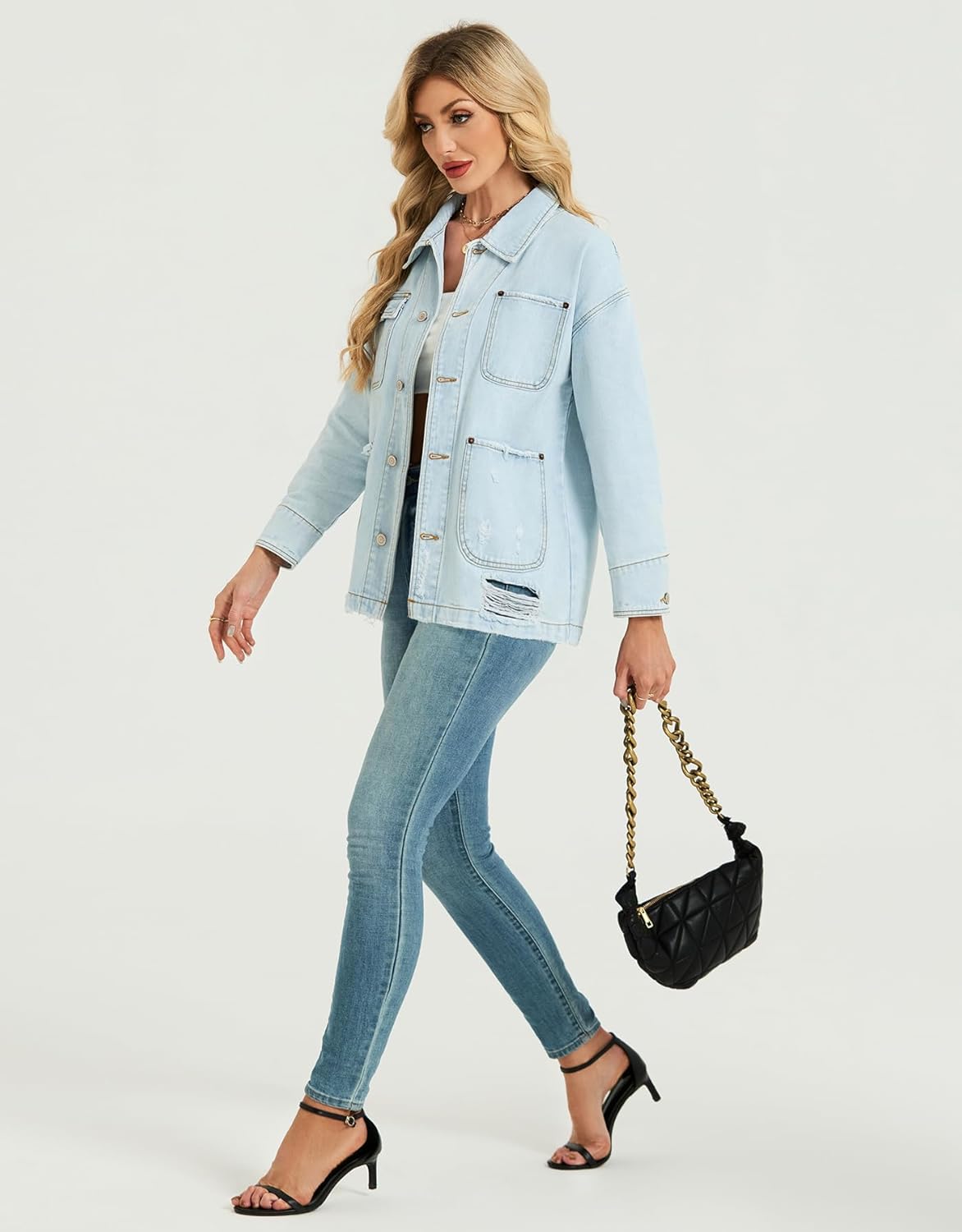 EZAPINE Women Long Sleeve Denim Jacket Button Down Oversized Jean Jacket Jean Shirt
