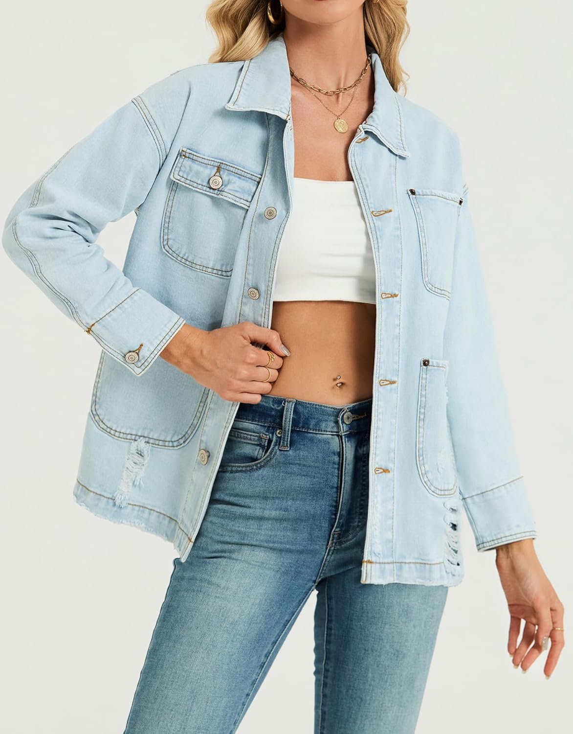 EZAPINE Women Long Sleeve Denim Jacket Button Down Oversized Jean Jacket Jean Shirt