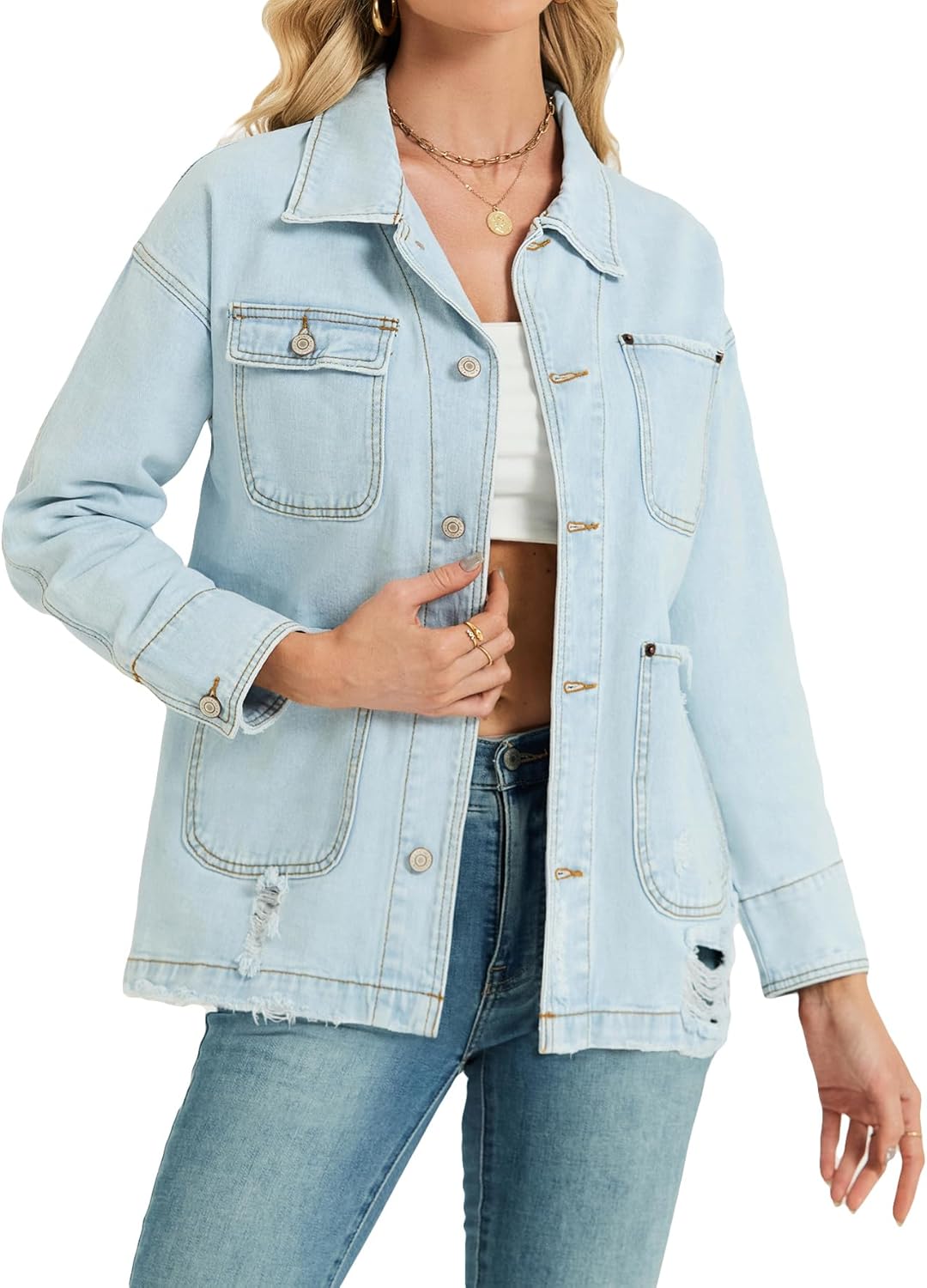 EZAPINE Women Long Sleeve Denim Jacket Button Down Oversized Jean Jacket Jean Shirt