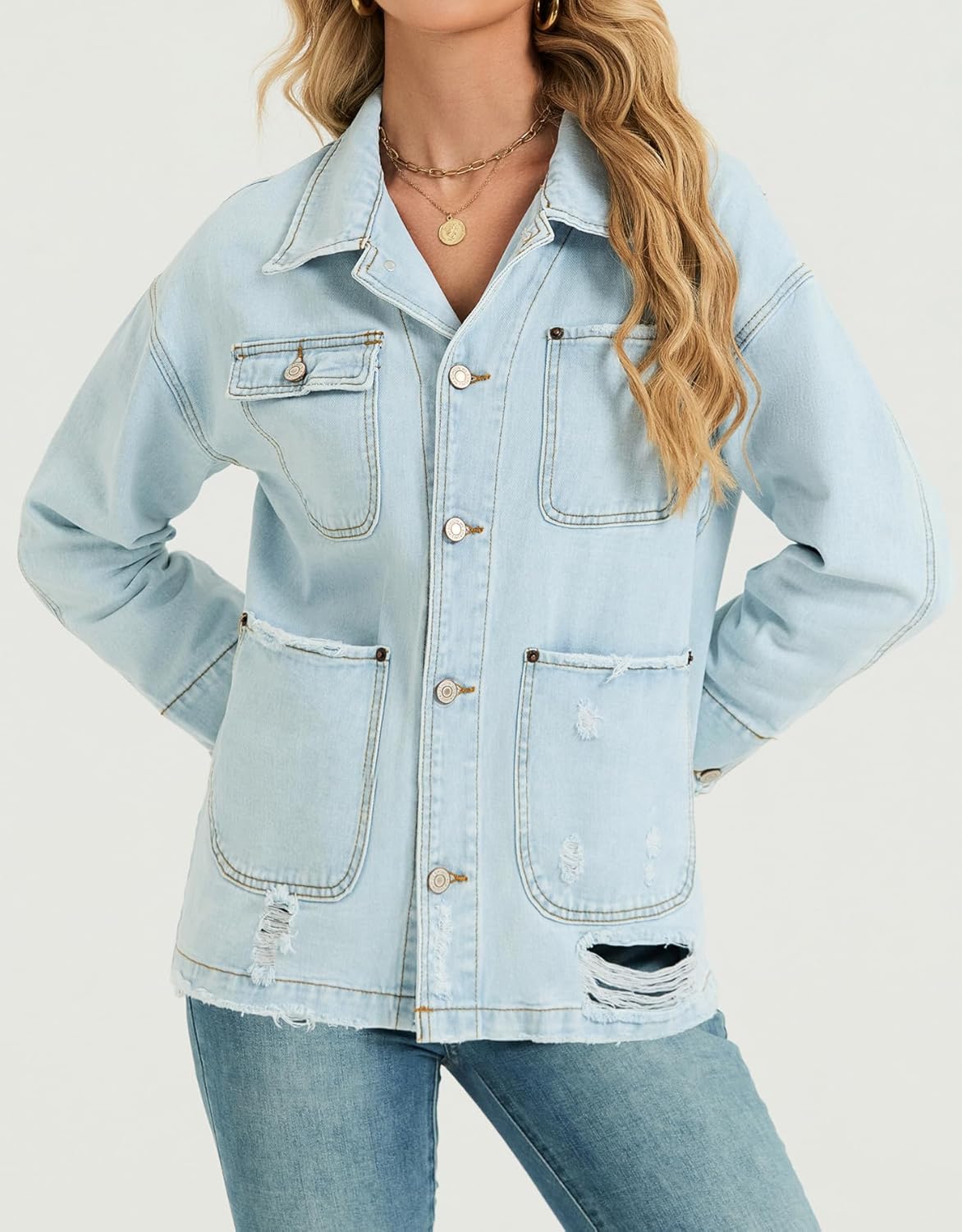 EZAPINE Women Long Sleeve Denim Jacket Button Down Oversized Jean Jacket Jean Shirt