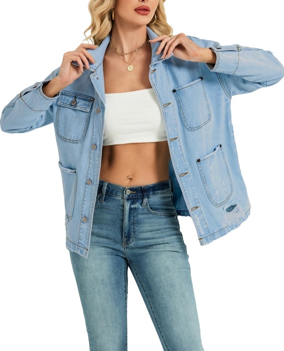 EZAPINE Women Long Sleeve Denim Jacket Button Down Oversized Jean Jacket Jean Shirt