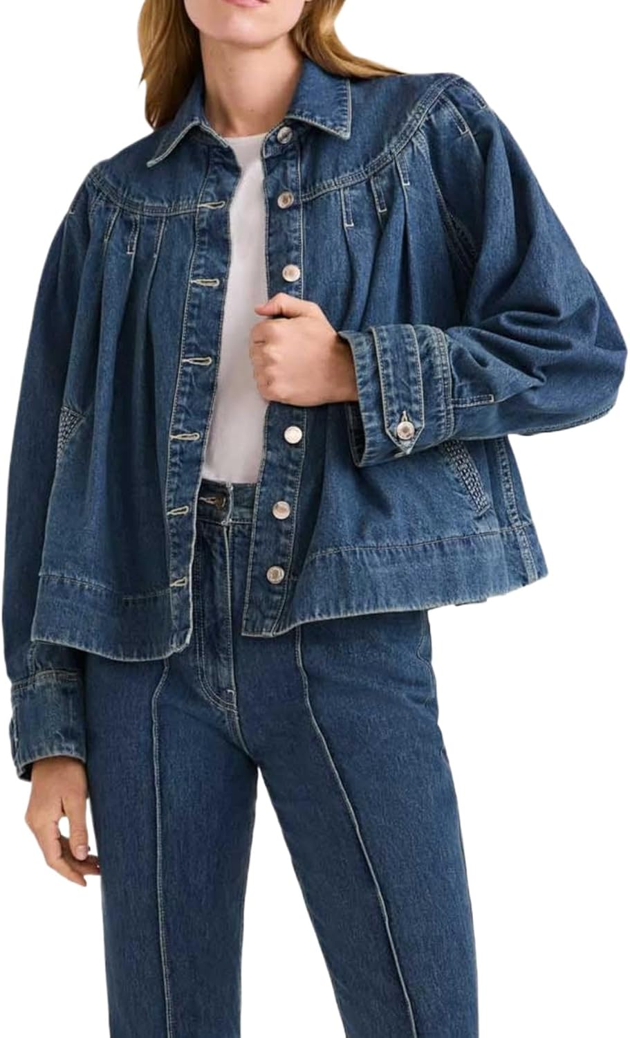 EZAPINE Womens Cropped Denim Jacket Long Sleeve Collared Button Down Pleated Jean Jckets with Pockets