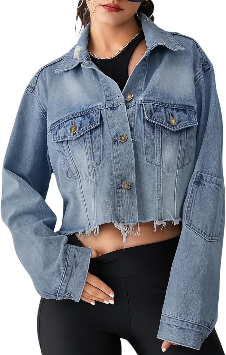 FairBeauty Women’s Washed Distressed Denim Jacket Long Sleeve Ripped Button Up Cropped Jean Jacket