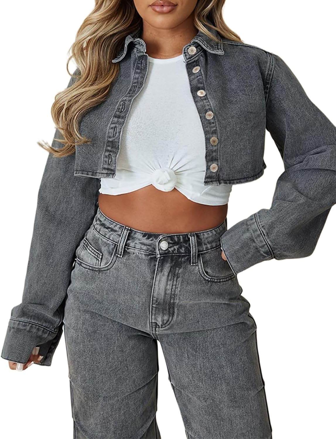 FairBeauty Women’s Washed Distressed Denim Jacket Long Sleeve Ripped Button Up Cropped Jean Jacket