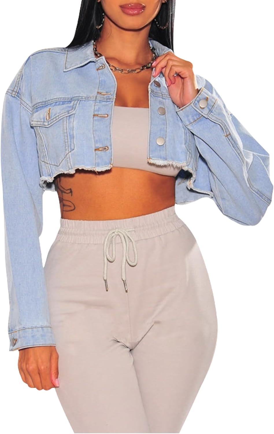 FairBeauty Women’s Washed Distressed Denim Jacket Long Sleeve Ripped Button Up Cropped Jean Jacket