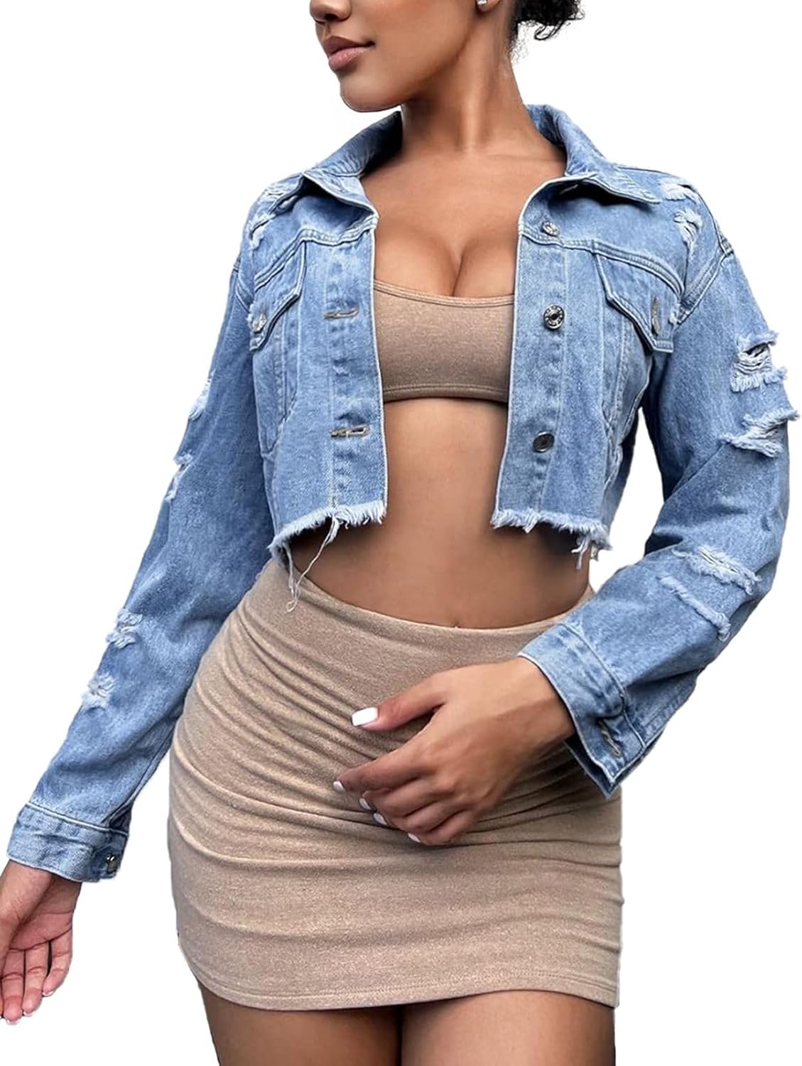 FairBeauty Women’s Washed Distressed Denim Jacket Long Sleeve Ripped Button Up Cropped Jean Jacket