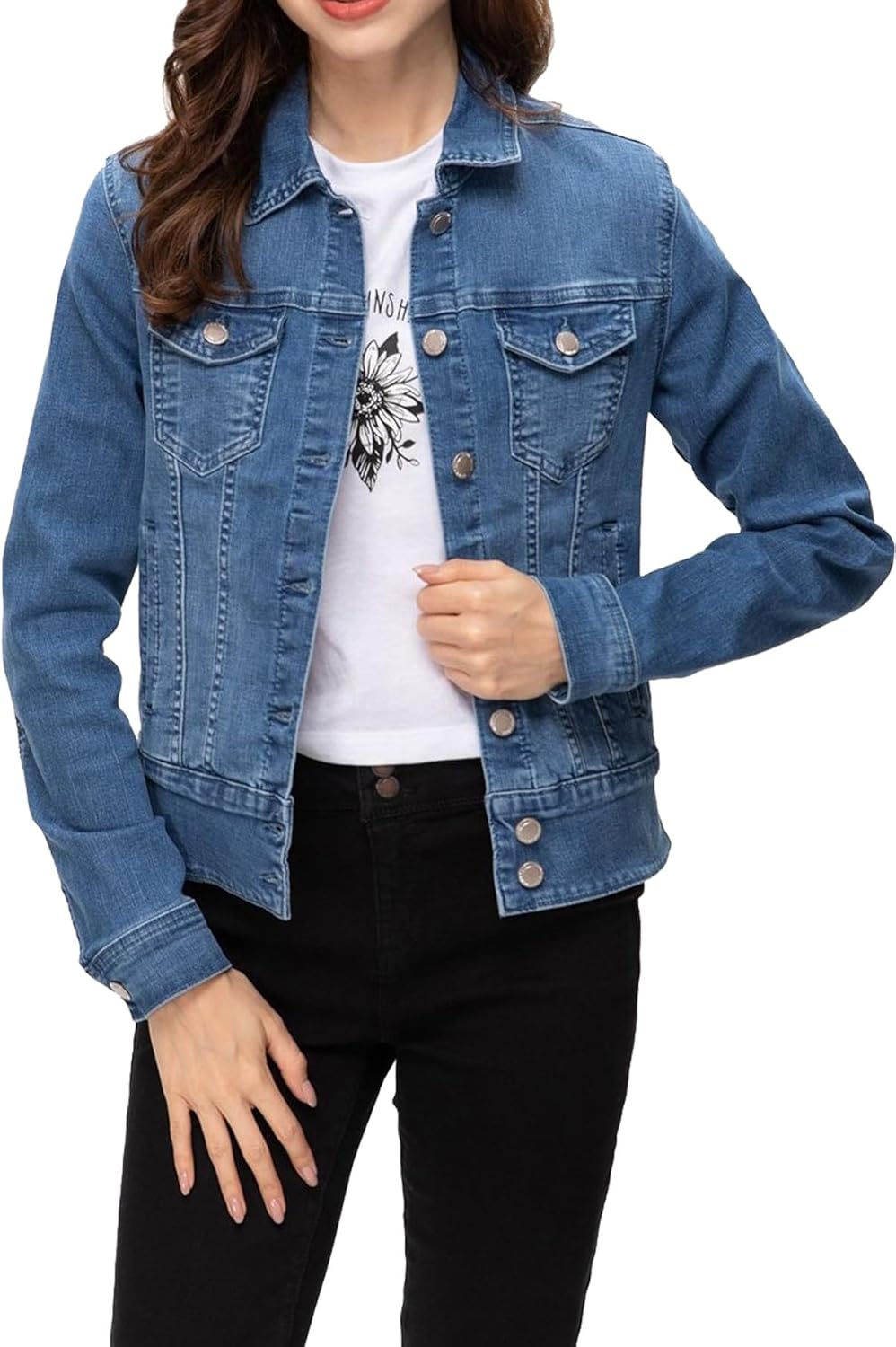 FASHIONSPARK Women’s Basic Button Down Denim Jacket, Casual Long Sleeve Fitted Jean Jacket with Pockets