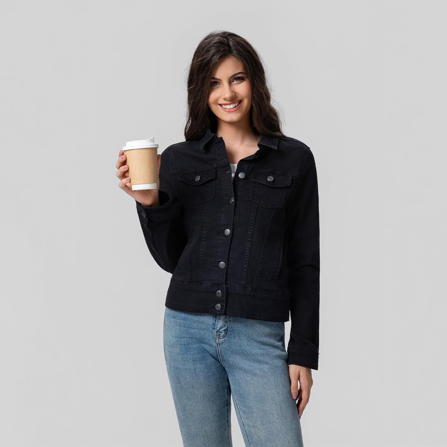 FASHIONSPARK Women’s Basic Button Down Denim Jacket, Casual Long Sleeve Fitted Jean Jacket with Pockets