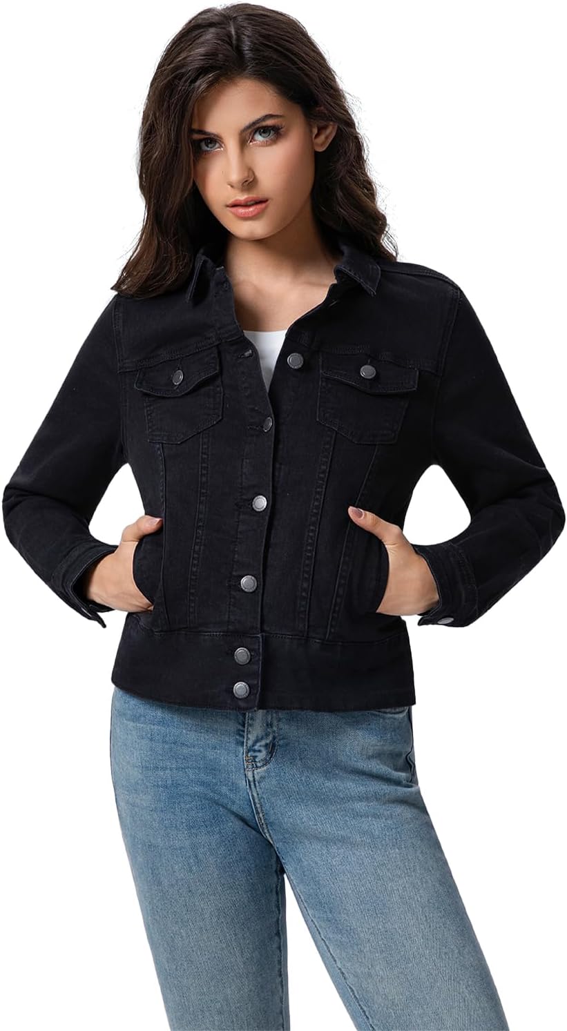 FASHIONSPARK Women’s Basic Button Down Denim Jacket, Casual Long Sleeve Fitted Jean Jacket with Pockets