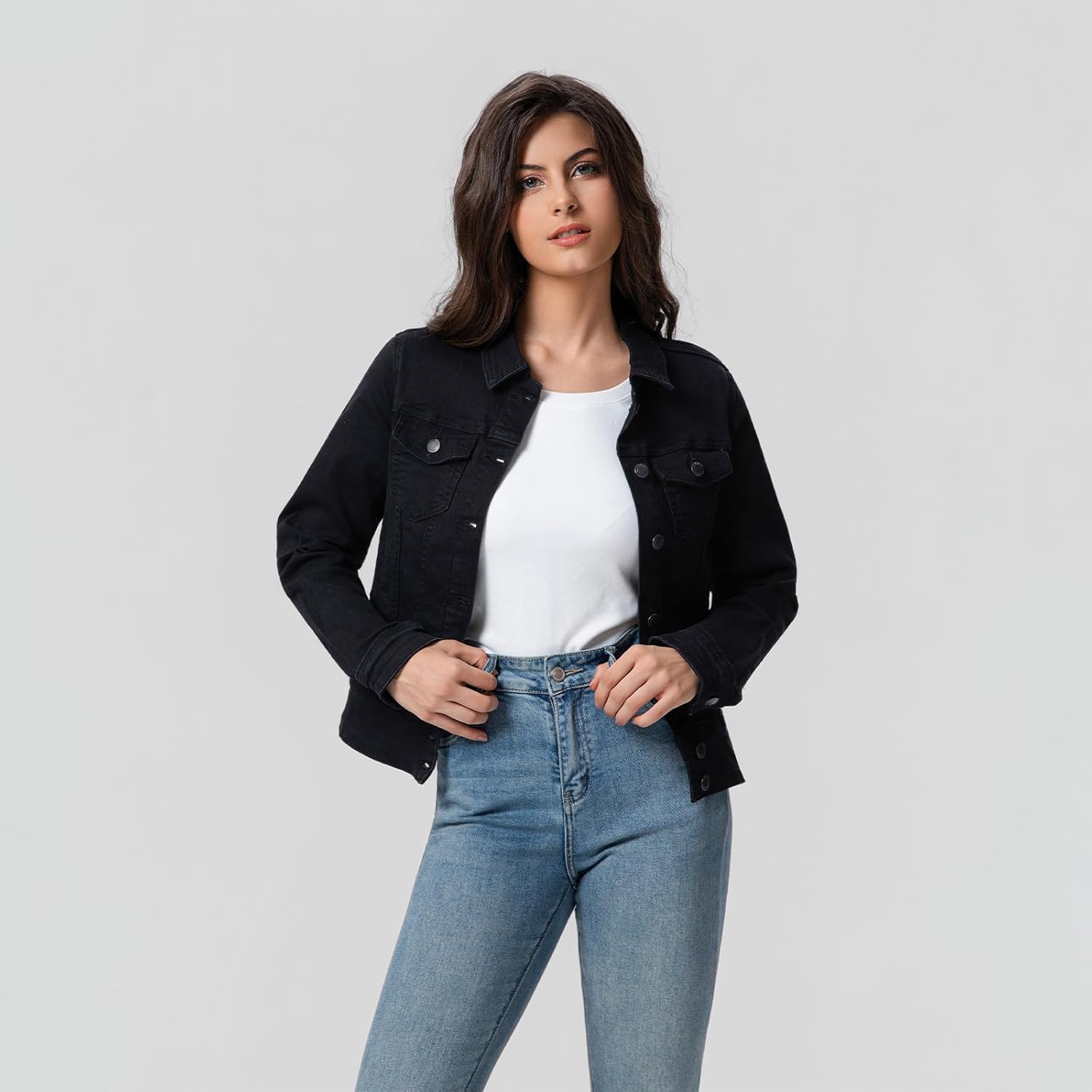 FASHIONSPARK Women’s Basic Button Down Denim Jacket, Casual Long Sleeve Fitted Jean Jacket with Pockets