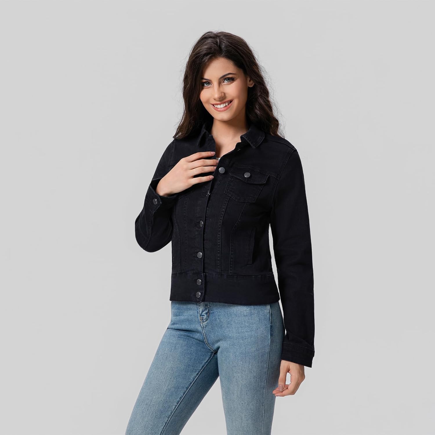 FASHIONSPARK Women’s Basic Button Down Denim Jacket, Casual Long Sleeve Fitted Jean Jacket with Pockets