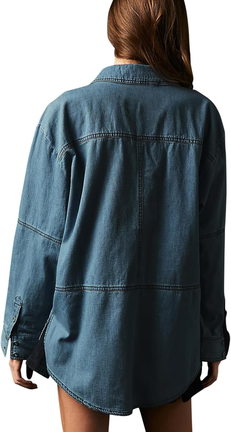 Fazortev Women’s Denim Pullover Casual Button V Neck Blouse Loose Fit Long Sleeve Jean Jacket With Pocket