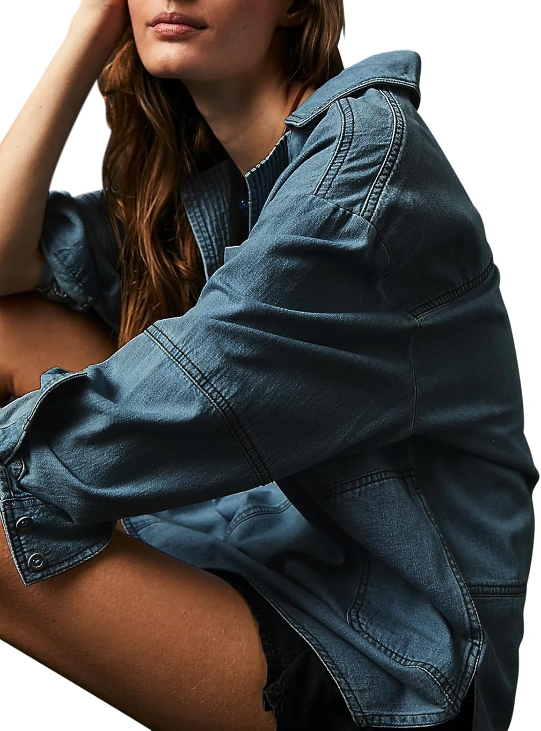 Fazortev Women’s Denim Pullover Casual Button V Neck Blouse Loose Fit Long Sleeve Jean Jacket With Pocket