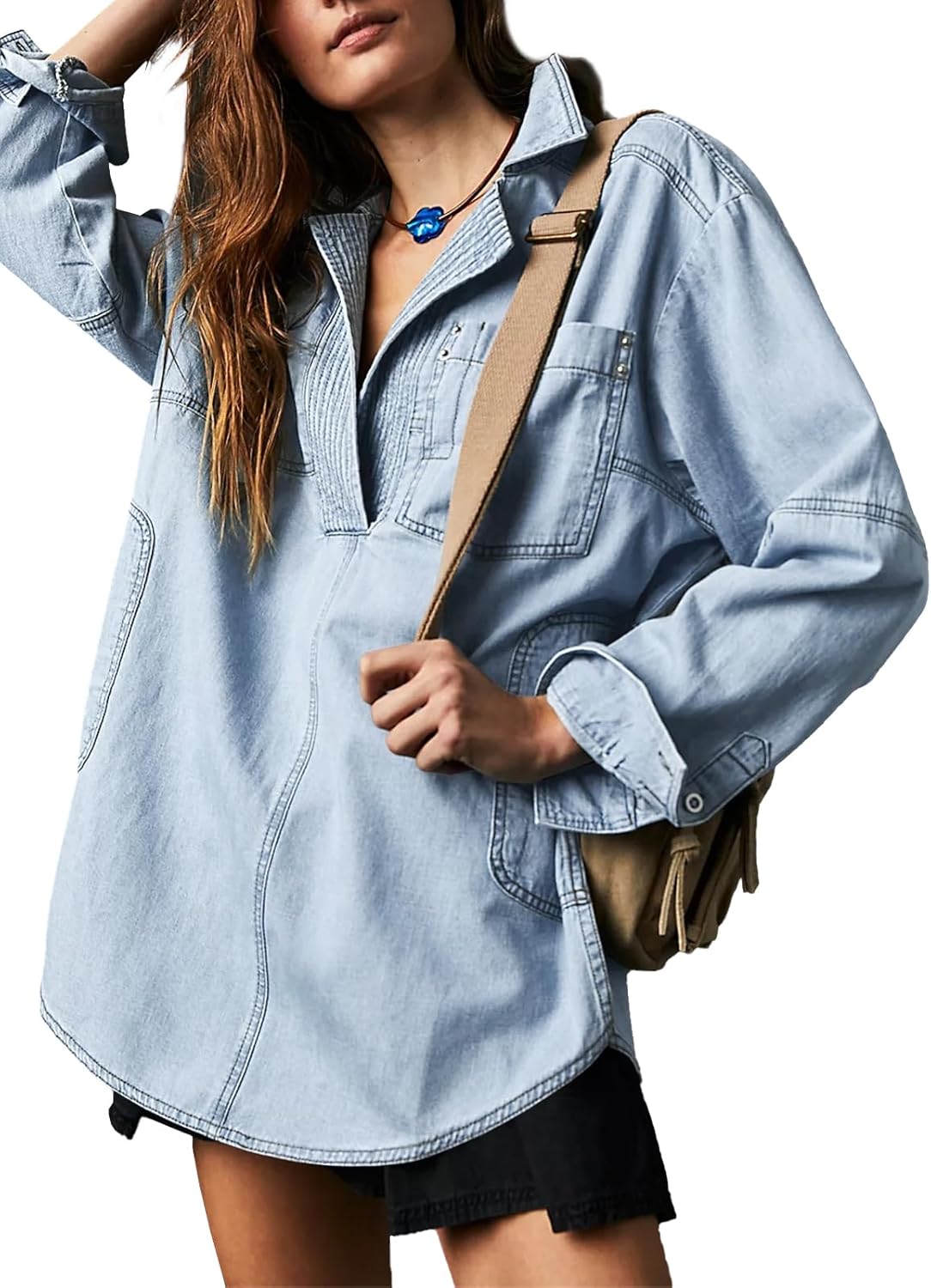 Fazortev Women’s Denim Pullover Casual Button V Neck Blouse Loose Fit Long Sleeve Jean Jacket With Pocket