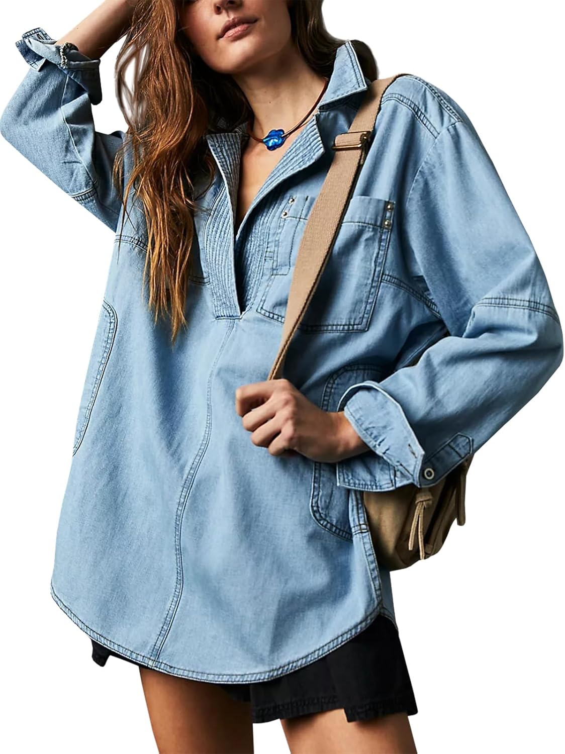 Fazortev Women’s Denim Pullover Casual Button V Neck Blouse Loose Fit Long Sleeve Jean Jacket With Pocket