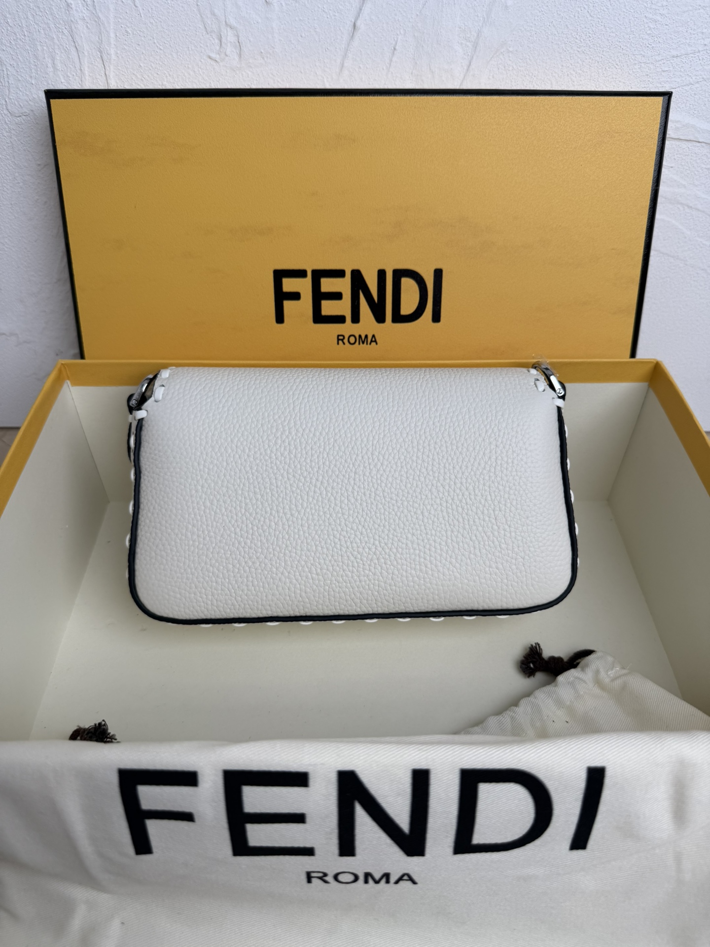 Fendi Baguette Mini Logo Plaque Tote Bag white