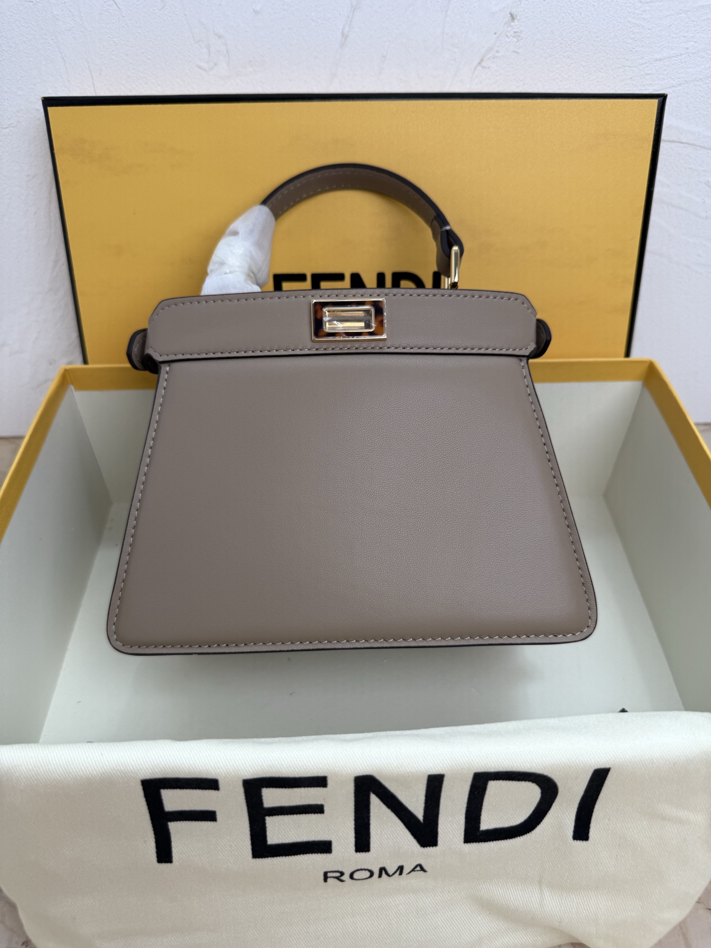 Fendi Beige Leather Small Peekaboo ISeeU Tortoiseshell Top Handle Bag