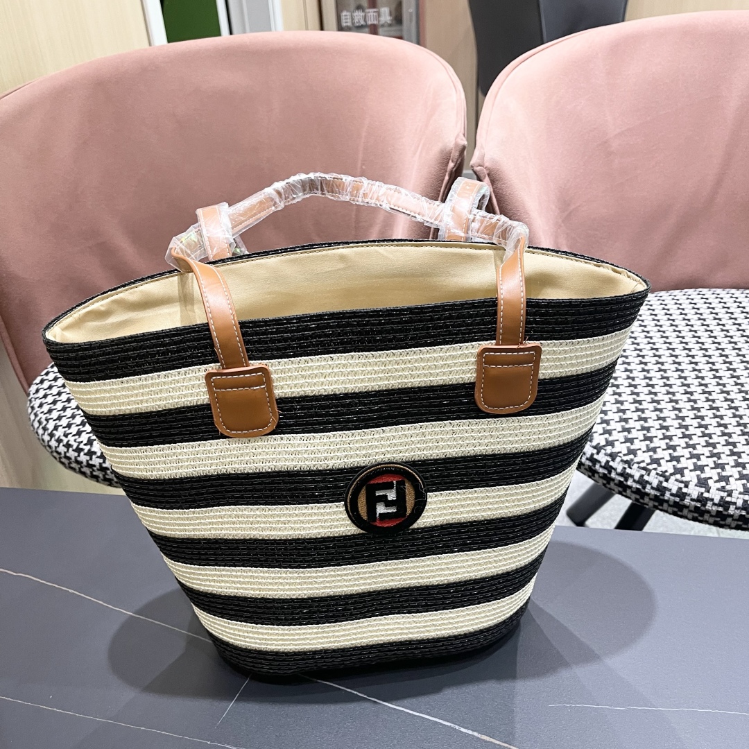 Fendi Striped Raffia Tote Bag - Black & Beige, Leather Handles