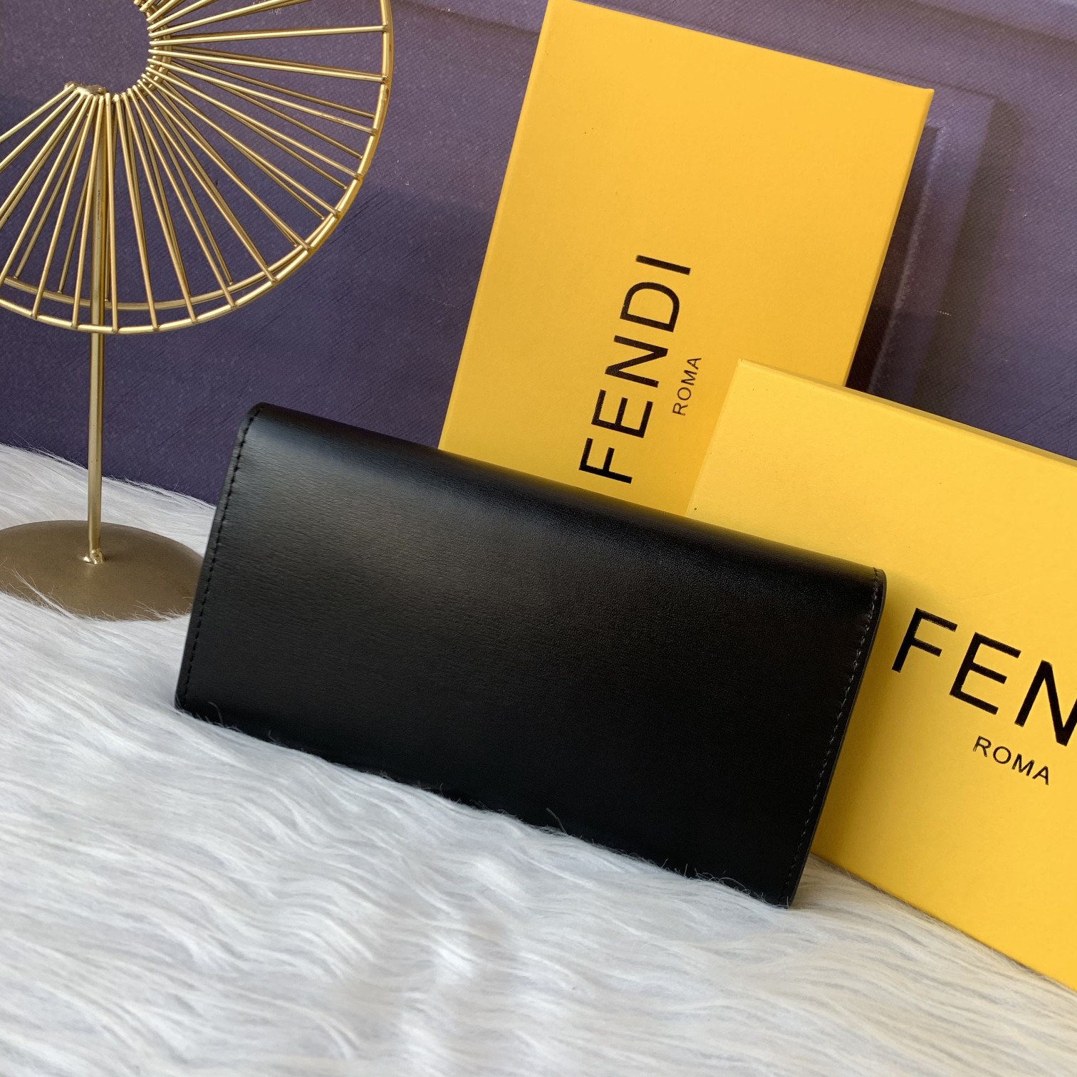 FENDI Black Leather Long Wallet Flap Wallet Baguette Continental