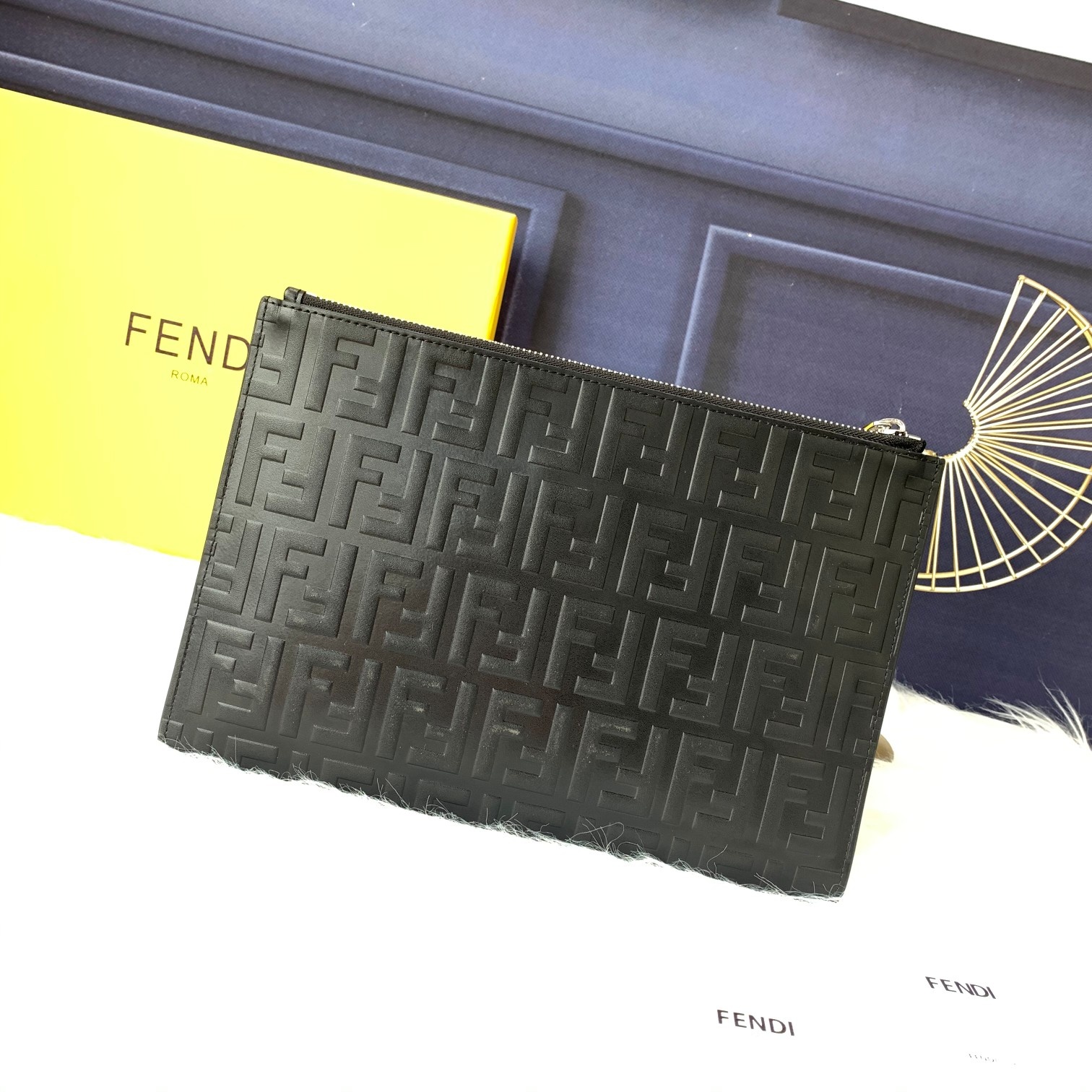 Fendi Black Zucca Embossed Zip Pouch Leather Pony-style